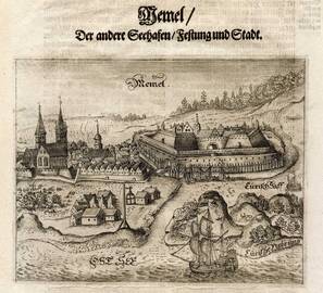 Graviūra: Klaipėdos pilis ir miestas XVII a. viduryje. Iš Ch. Hartknocho knygos „Alt- und Neues Preussen Oder Preussischer Historien Zwey Theile“. Frankfurtas–Leipcigas–Kenigsbergas, 1684 m.