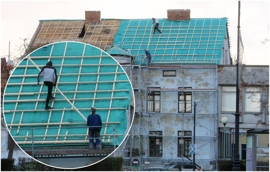 Drąsu: pastato stogą senamiestyje tvarkantys du darbininkai nepasivargino pasirūpinti darbo saugos priemonėmis.