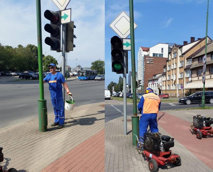 Darbai: mieste perdažomi dalies gatvių apšvietimo stulpai.