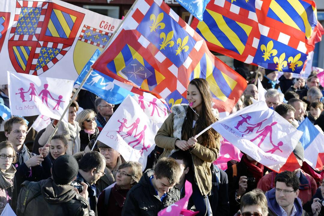 Daugiau kaip 100 tūkst. konservatyvių pažiūrų prancūzų sekmadienį žygiavo Paryžiaus ir Liono gatvėmis kaltindami prezidento F.Hollande'o vyriausybę „šeimos fobija“