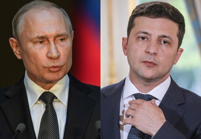 Vladimiras Putinas (kairėje) ir Volodymyras Zelenskis