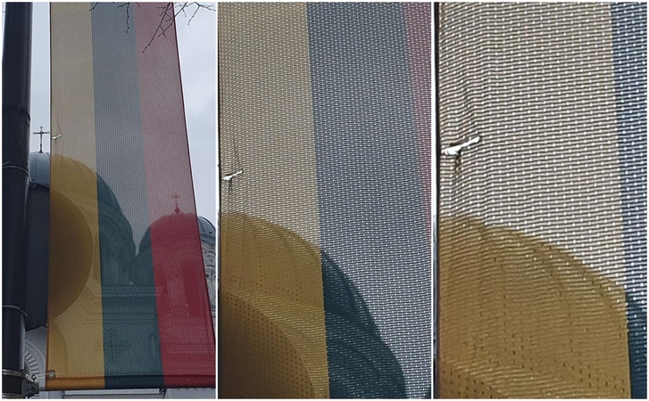 Kauniečių pastebėjimas: plyšta ką tik užkabintos trispalvės
