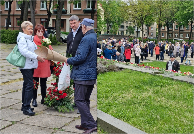 Proga: gegužės 9-ąją Klaipėdoje minėjusieji vakar vidurdienį rinkosi prie Skulptūrų parko pakraštyje esančio memorialo sovietų kariams.